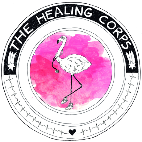 The Healing Corps emblem: a hand-drawn flamingo wearing a stethoscope inside a magenta watercolour disc, ringed by a heartbeat trace.